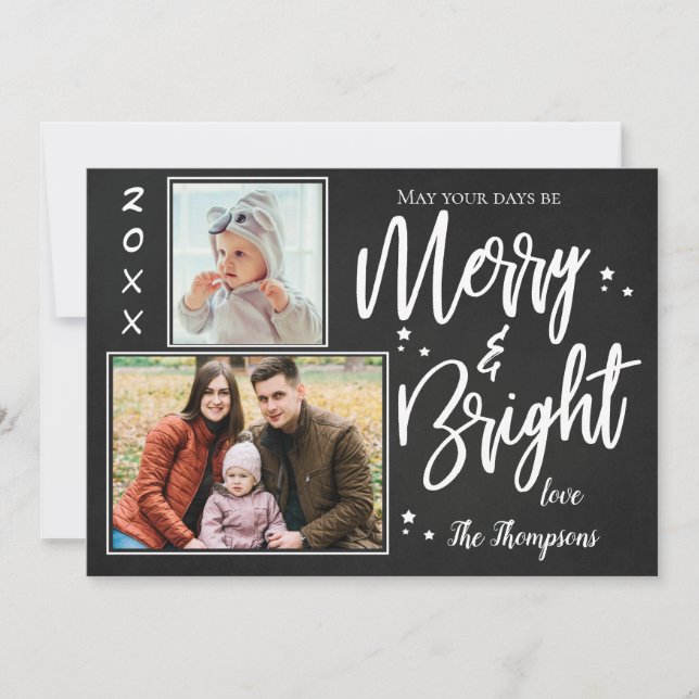 Custom Chalkboard MERRY and BRIGHT Multi Photo Holiday Card (Front)