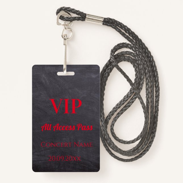 Custom Chalkboard Name Date VIP Access Pass Red Badge (Front with Lanyard)
