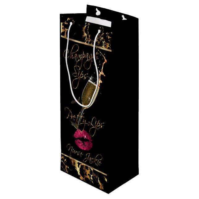 Custom - Champagne Sips and Pretty Lips  Wine Gift Bag (Back Angled)