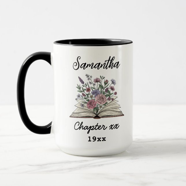 Custom Chapter Birthday – Floral Book & Birth Year Mug (Left)