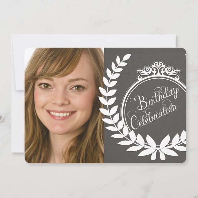 Custom Charcoal Linen Fern Photo Birthday Invite (Front)