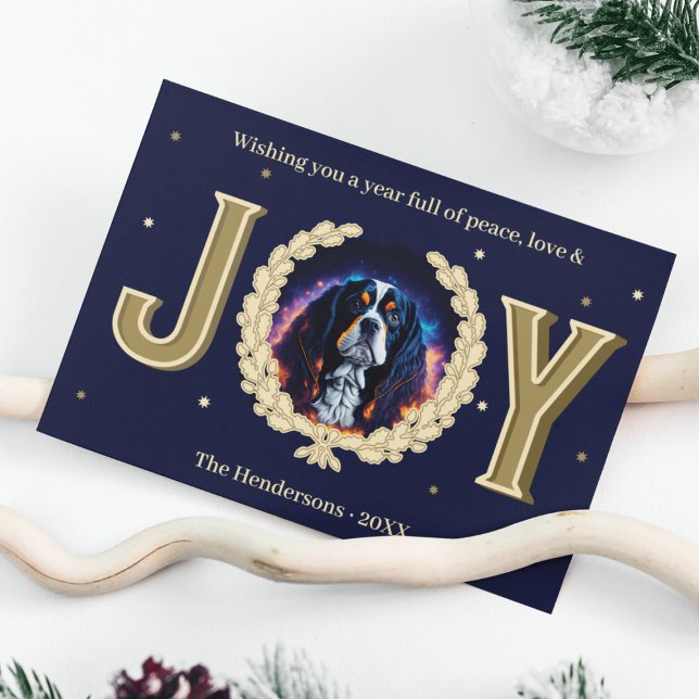 Custom Charles Spaniel Dog Navy Gold Joy Christmas Holiday Card (Custom Charles Spaniel Dog Navy Gold Joy Christmas Holiday Card
)