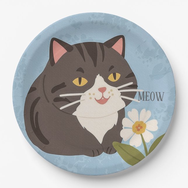Custom Charming Cute Gray Cat & Chamomile FLower Paper Plate (Front)