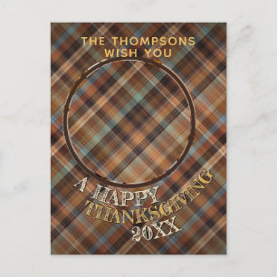 Custom Cheerful Cute Thanksgiving Plaid Pattern Postcard