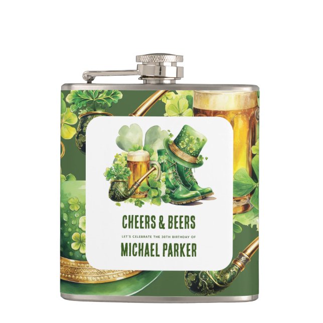 Custom Cheers Beers Birthday St Patrick's Day Hip Flask (Front)