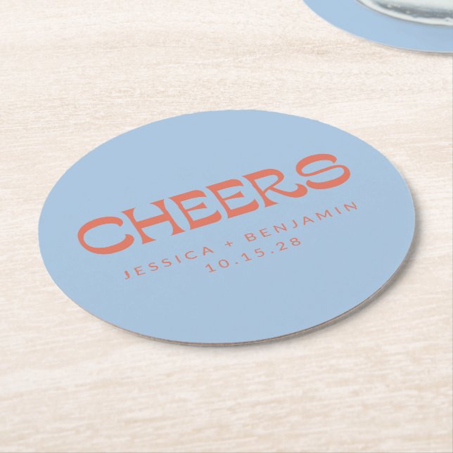 Custom Cheers Blue Terracotta Chic Modern Wedding Round Paper Coaster (Angled)