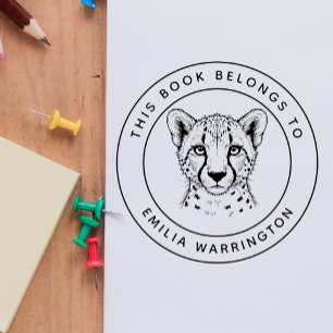Custom Cheetah This Book Belongs To Kid's Name Rubber Stamp