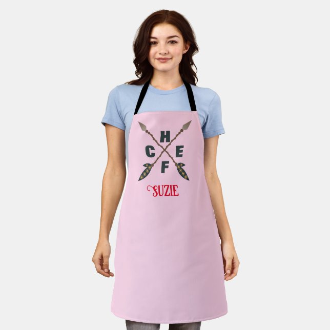 Custom Chef Name Personalized Womens Pink Apron (Worn)
