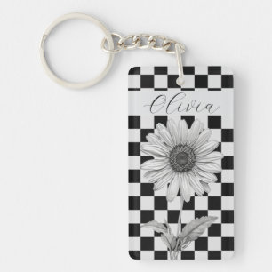 Custom Chequerboard Daisy Flower Keychain
