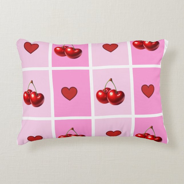 Custom Cherry Heart Checkerboard Pattern Accent Pillow (Front)