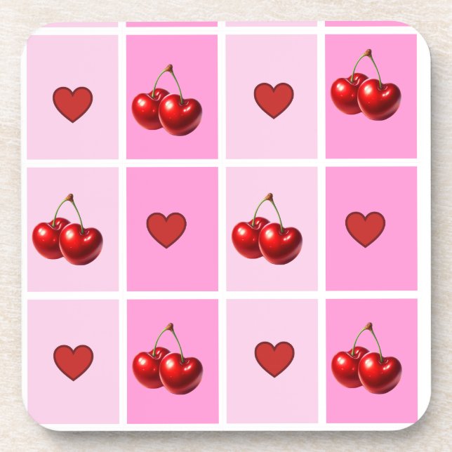 Custom Cherry Heart Checkerboard Pattern Coaster (Front)