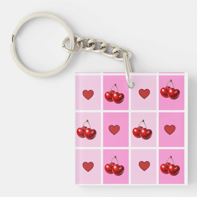 Custom Cherry Heart Checkerboard Pattern Keychain (Front)