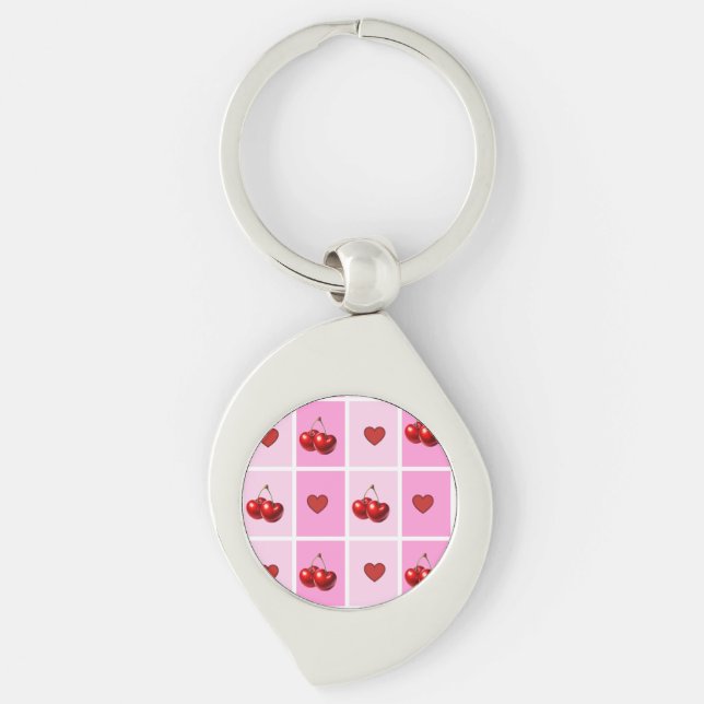 Custom Cherry Heart Checkerboard Pattern Keychain (Front)