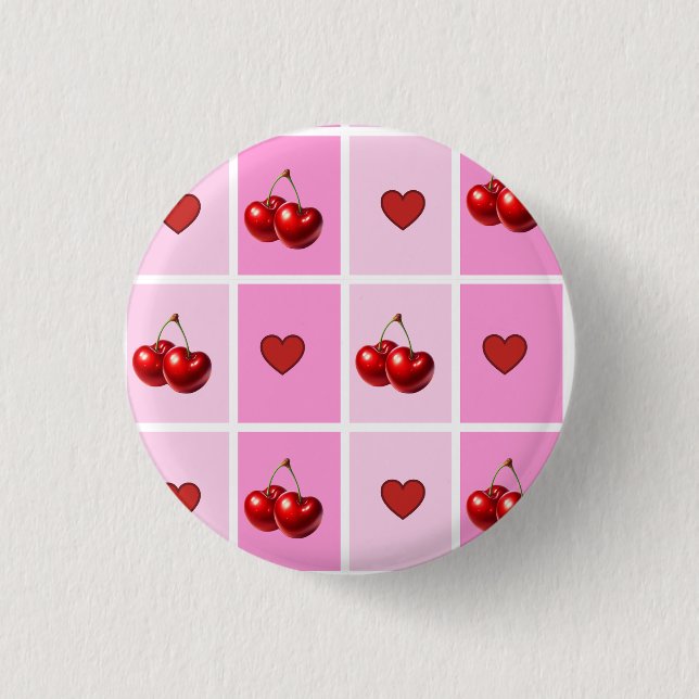 Custom Cherry Heart Chequerboard Pattern 1 Inch Round Button (Front)