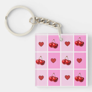 Custom Cherry Heart Chequerboard Pattern Keychain