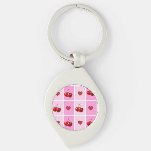 Custom Cherry Heart Chequerboard Pattern Keychain