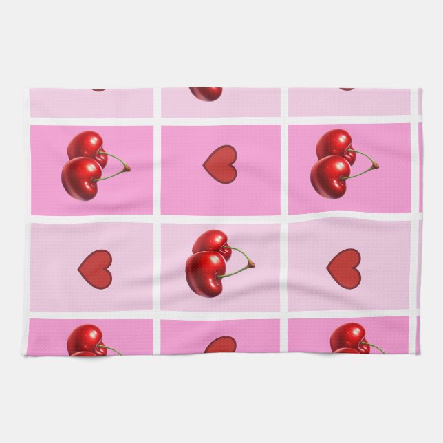 Custom Cherry Heart Chequerboard Pattern Kitchen Towel (Horizontal)