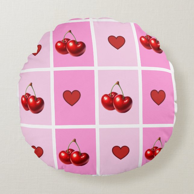 Custom Cherry Heart Chequerboard Pattern Round Pillow (Front)