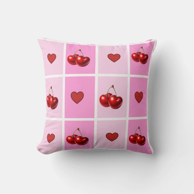 Custom Cherry Heart Chequerboard Pattern Throw Pillow (Front)