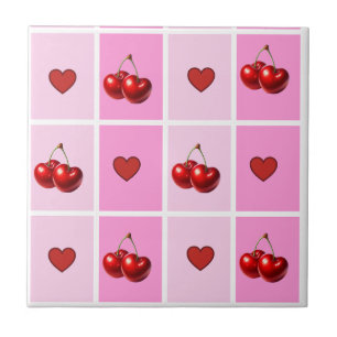 Custom Cherry Heart Chequerboard Pattern Tile
