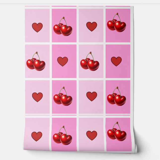Custom Cherry Heart Chequerboard Pattern Wallpaper (Unrolling)