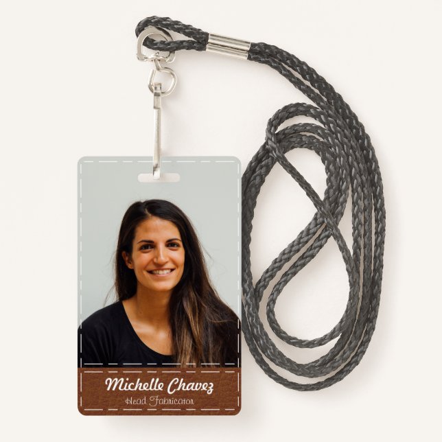 Custom Chestnut Brown Stitched Leather Employee Badge (Front with Lanyard)