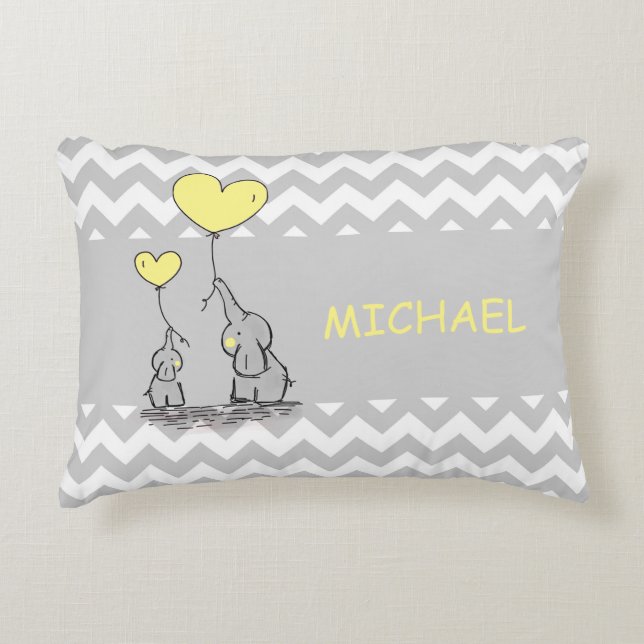 Custom Chevron Grey White Yellow Elephant Heart Decorative Pillow (Front)