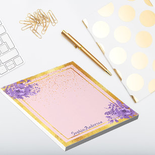 Custom chic gold frame violet flowers rose gold notepad