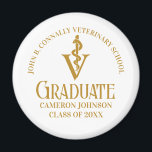 Custom Chic Gold Veterinary School Graduation Magnet<br><div class="desc">This elegant personalized veterinary medicine school graduation party magnet features the college graduate name in elegant gold script for the class of 2025. Customize with your university under the veterinarian medical caduceus for a great graduation gift for a DVM.</div>