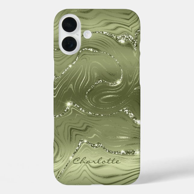 Custom Chic Olive Green Silver Glitter Pattern Case-Mate iPhone Case (Back)