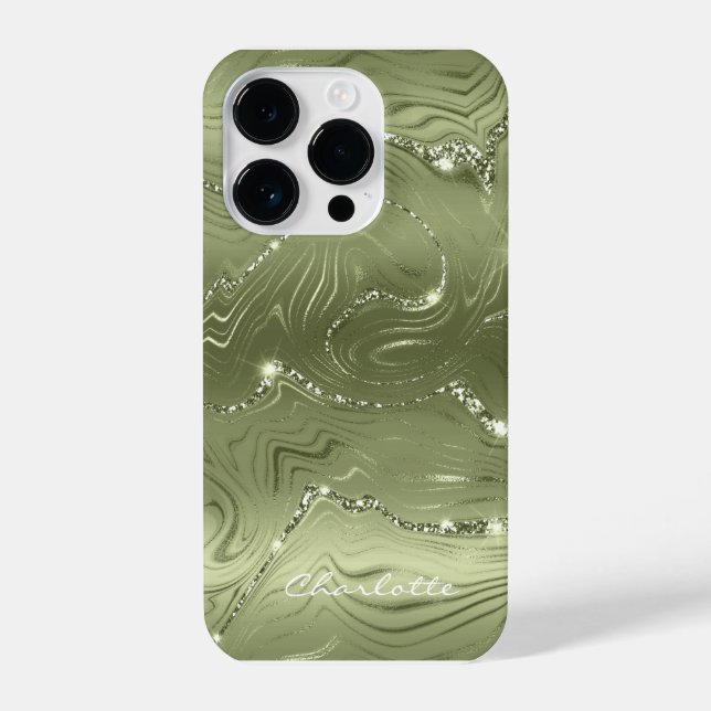 Custom Chic Olive Green Silver Glitter Pattern  iPhone Case (Back)