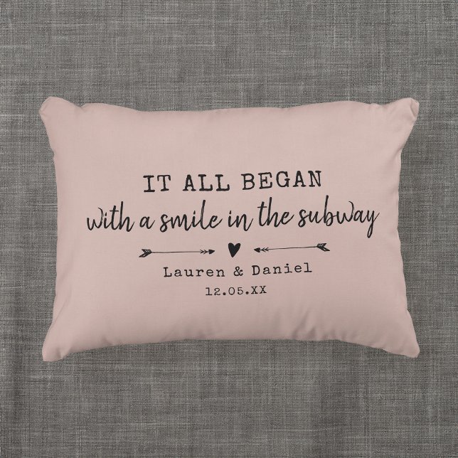 Custom Chic Pink Where It All Began Valentines Day Accent Pillow (Celebrate your love with this chic and romantic throw pillow featuring the location and date you met)