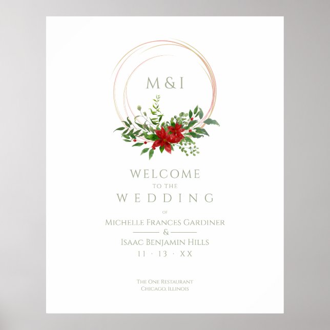 Custom Chic Poinsettia Christmas Wedding Welcome Poster (Front)
