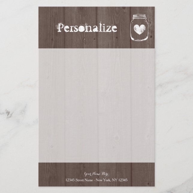 Custom chic wood grain mason jar stationery paper (Front)