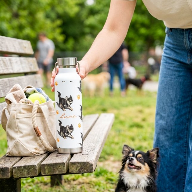Custom Chihuahua Name Orange Paw Print Pattern Water Bottle (Creator Uploaded)
