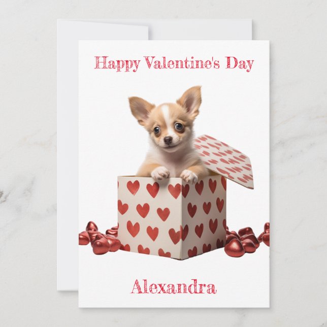 Custom Chihuahua Pup Red Hearts on Box Valentine Holiday Card (Front)