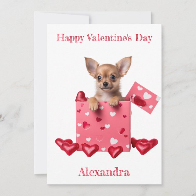 Custom Chihuahua Puppy  Pink Heart Box Valentine Holiday Card (Front)