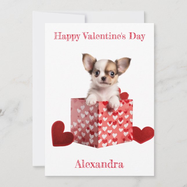 Custom Chihuahua Puppy Red Hearts Box Valentine Holiday Card (Front)