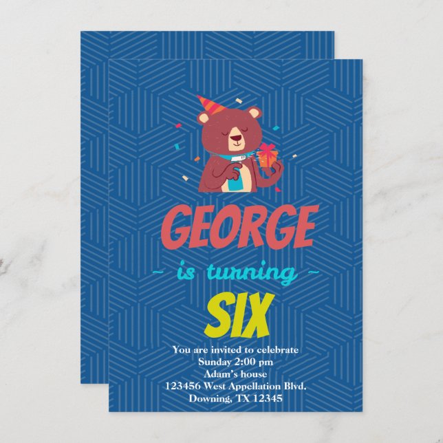 Custom Child Bear Present Cartoon Invitation (Front/Back)