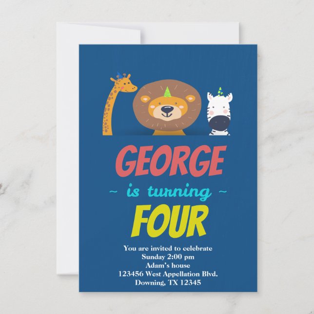 Custom Child Lion Giraffe Zebra Cartoon Invitation (Front)