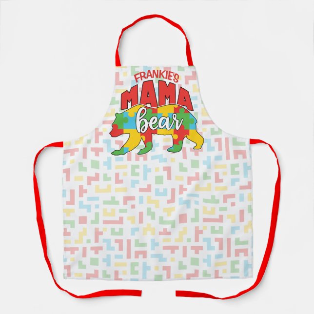 Custom Childs NAME Mama Bear Autism Awareness Mom Apron (Front)