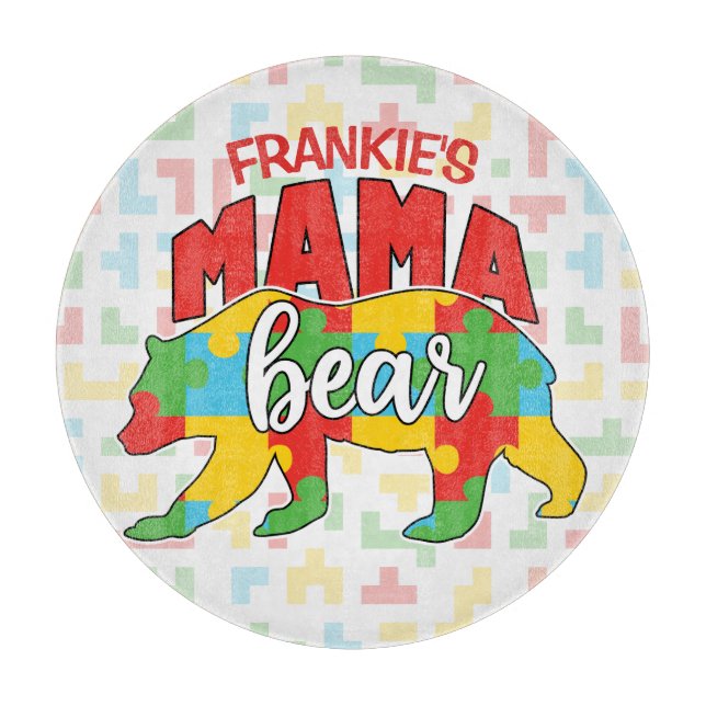Custom Childs NAME Mama Bear Autism Awareness Mom Cutting Board (Front)