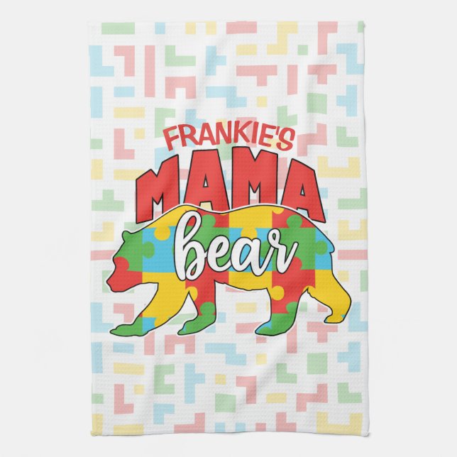 Custom Childs NAME Mama Bear Autism Awareness Mom Kitchen Towel (Vertical)