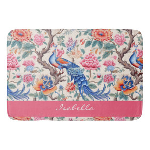 Custom Chinoiserie Asian Floral Landscape Peacock  Bath Mat