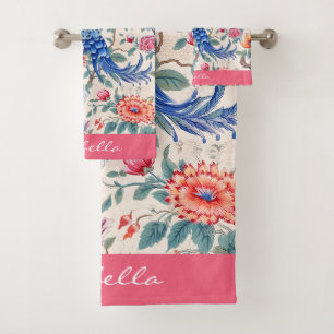 Custom Chinoiserie Asian Floral Landscape Peacock  Bath Towel Set