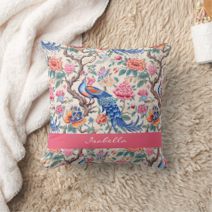 Custom Chinoiserie Asian Floral Landscape Peacock  Throw Pillow