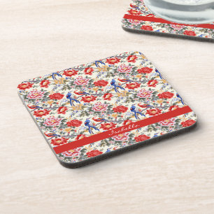 Custom Chinoiserie Asian Floral Pink Blue Red Bird Coaster