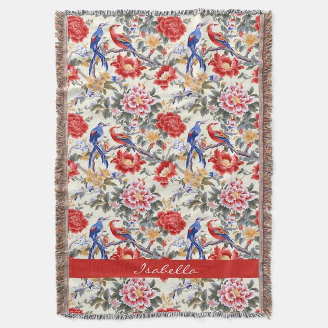 Custom Chinoiserie Asian Floral Pink Blue Red Bird Throw Blanket (Front Vertical)