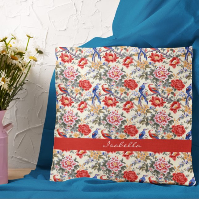 Custom Chinoiserie Asian Floral Pink Blue Red Bird Throw Pillow (Creator Uploaded)