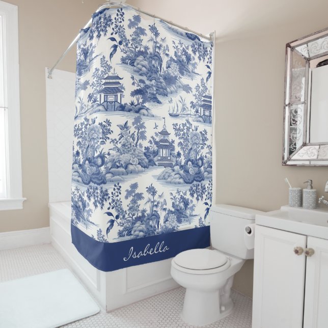Custom Chinoiserie Pattern Pagoda Blue White (In Situ)